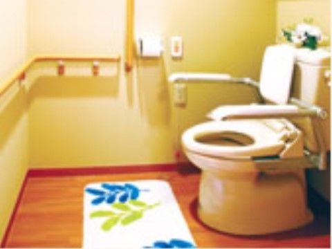 トイレには便座周りに背もたれと肘置きを完備し、壁には複数の手すりを取り付けるなどして安全対策をしている。