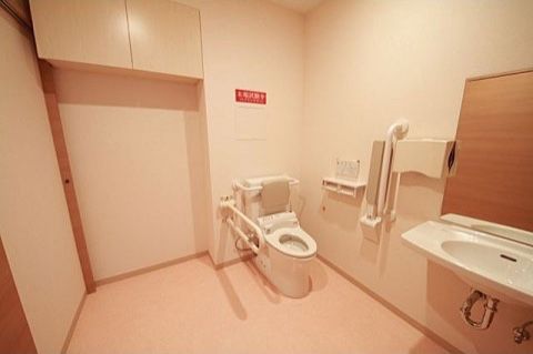 横開きの大きなドアと広いフロアが特徴的な、バリアフリートイレ