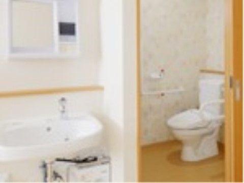 居室に設置したトイレは広く、手すりや呼出ボタンもある。バリアフリーのスライドドアを出ると、横にはフットレスの洗面台がある。