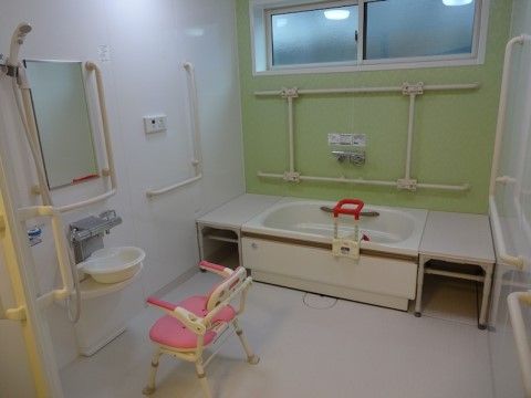 浴槽やシャワーの近くの壁に、多数の手すりが取り付けられたバスルーム