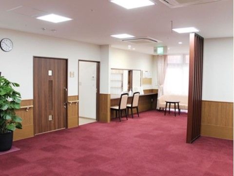 高級感のあるえんじ色のじゅうたんが敷かれている。壁には手すりが取り付けられており、奥には椅子も準備してある。