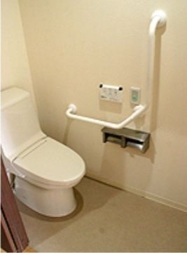 手すりが取り付けられた温水洗浄機付きの便器があるトイレ