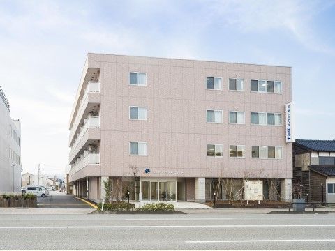 薄桃色の外壁が特徴的な、車線の多い道路に面した建物の外観
