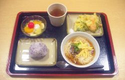 天ぷらの盛り合わせと、うどんとおにぎり、フルーツのデザートのセット