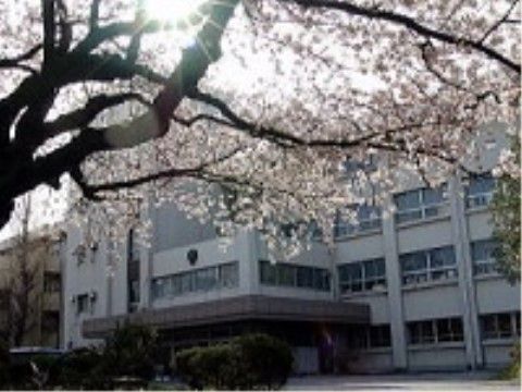 高校の校舎の外観である。４階建ての建物であり、壁の色は白色基調で玄関には屋根が設置されている。校舎の前には桜の木が植えられている。