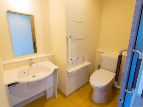 トイレの扉は引き戸になっているため、車椅子での出入りもしやすくなっている。手すりや手洗用の洗面台が備え付けられている。