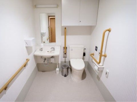 温水洗浄便座の周囲には手すりが設置されているので、安心して使用できる。壁の色は白色系で、洗面設備が設けられている。