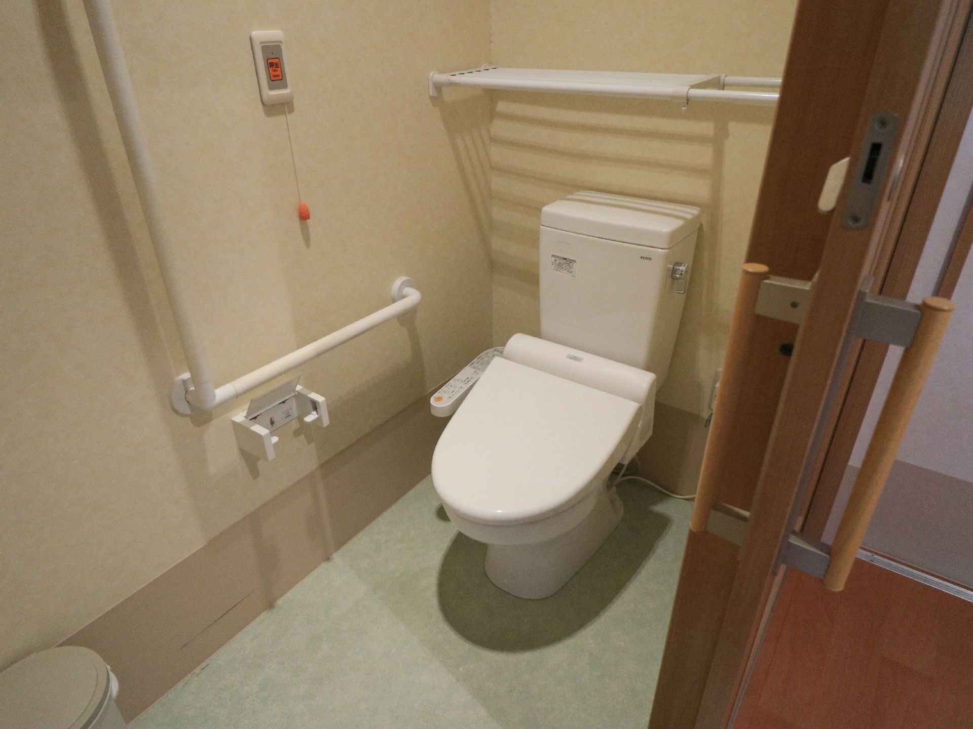 大きな取っ手のついた引き戸を開けるとトイレがある。洗浄暖房機能つきの便座で、壁には縦横方向の手すりが切れ目なく設置されている。