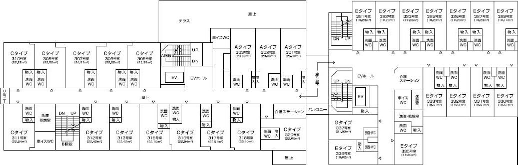 介護付有料老人ホーム 楽居館の本館3Ｆのフロアマップ
