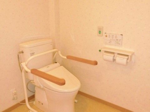 温水洗浄便座には手すりが設置され、壁には緊急呼出ボタンが設けられている。壁の色は白色基調になっている。