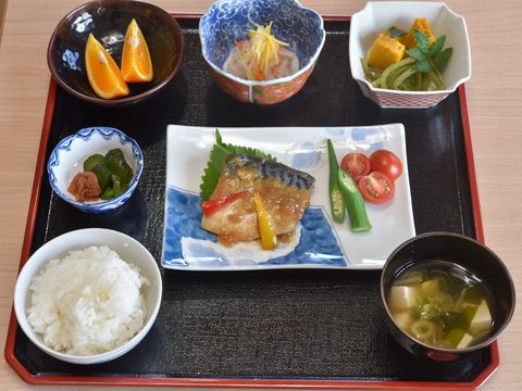 黒と赤で配色されたおぼんの上にはごはん、お味噌汁を始めとし、全7皿分の食事が用意されている。野菜中心の献立になっている。