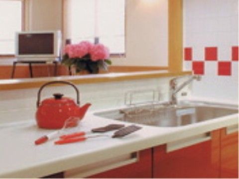 カウンターキッチンで、居室の様子を見ながら料理をすることができる。居室にはテレビとピンク色の花が飾られている。