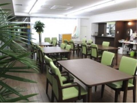 食堂には、観葉植物や緑色の椅子を置いている。気持ち良く食事ができるよう、清潔感のある空間を維持している。