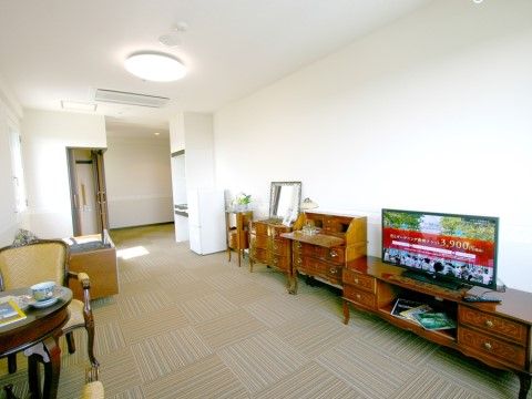 電源の入った液晶テレビがある、ストライプの絨毯敷きの居室