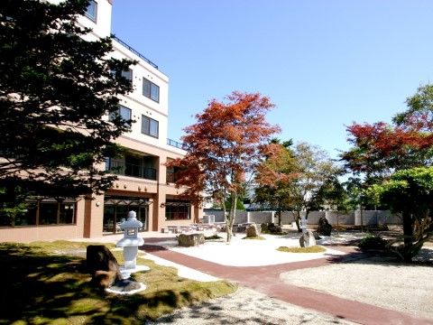 大きく伸びた樹木が生えた植木の間に、舗装された道がある庭園