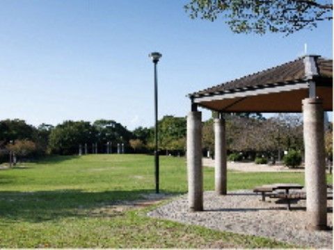 芝生の広場に東屋がある。松林を中心とした静かな雰囲気の公園だが、梅や桜、夜宮池の菖蒲など花の名所としても有名。
