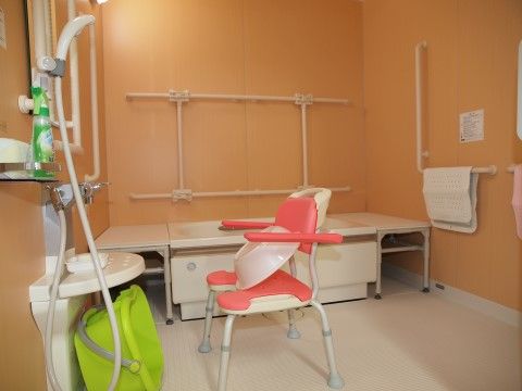 広々とした個室タイプの浴室である。壁に手すりが設置されており、洗い場にはシャワーチェアや桶が準備されている。