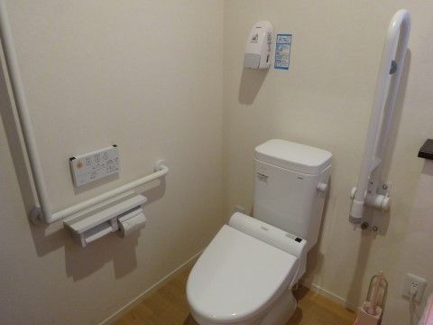 トイレには温水洗浄便座が置かれており、リモコンは壁に取り付けてある。大きな手すりが２か所に設置されていて、立ち座りをサポートしてくれる。