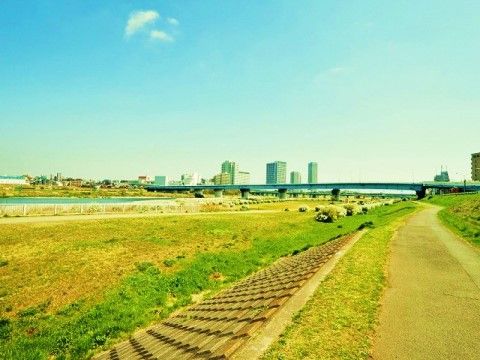 近くには大きな川があり、堤防は綺麗に整備されている。遊歩道もあるので、ゆっくりと散歩を楽しむことができる。