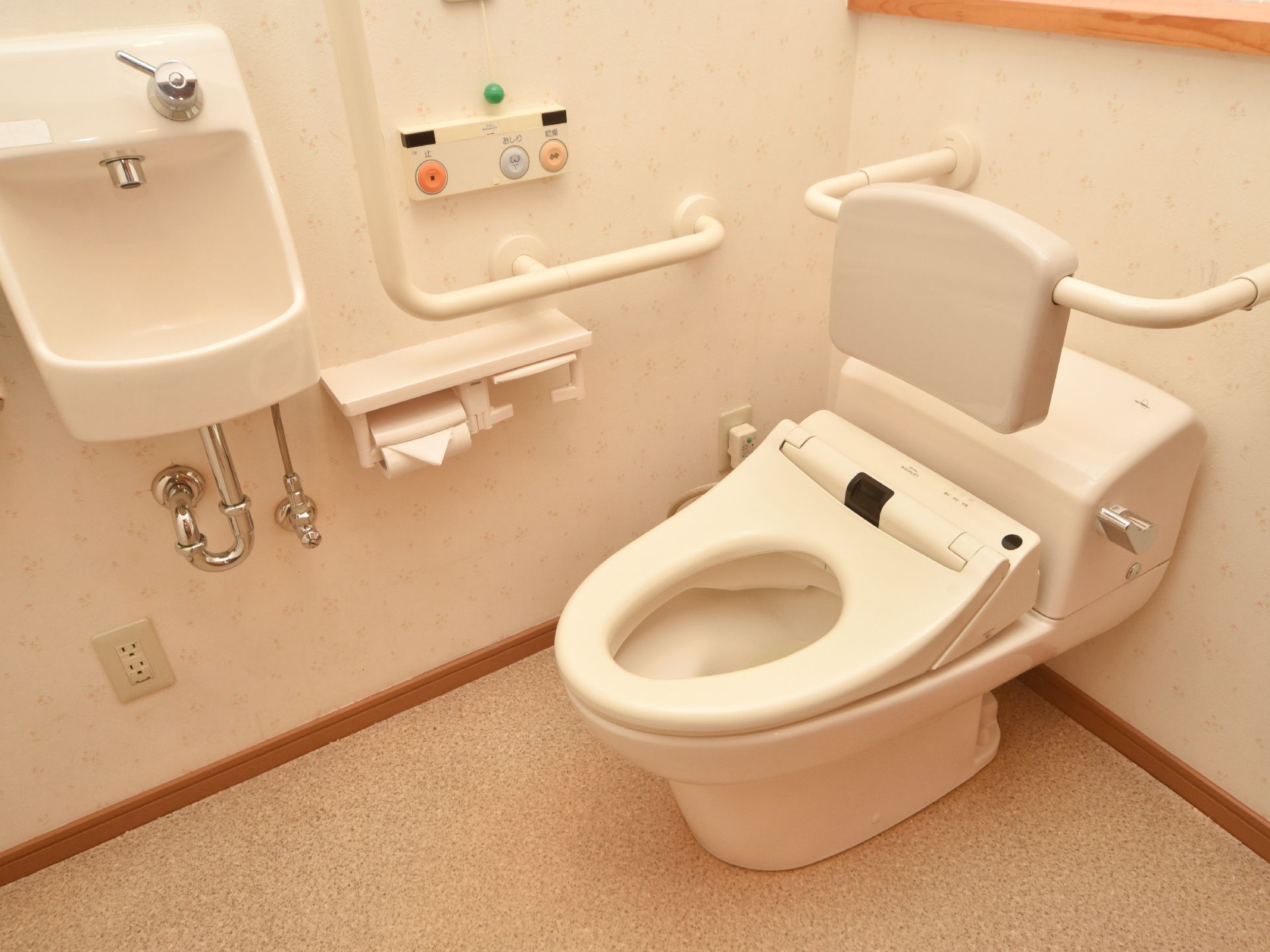 トイレの壁には2つのトイレットペーパーホルダーがある。トイレの水はボタンで流せる。ホルダーの横には手洗い場がある。