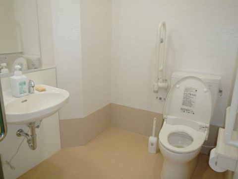 温水洗浄を備えた白い便器の両脇に手すりを備えている。薄いベージュのフローリングの床は広く、洗面台はフットレスである。
