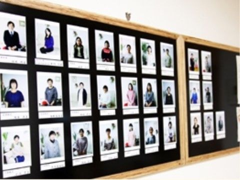 壁に掛けられた黒いボードに貼られたスタッフの写真とプロフィール