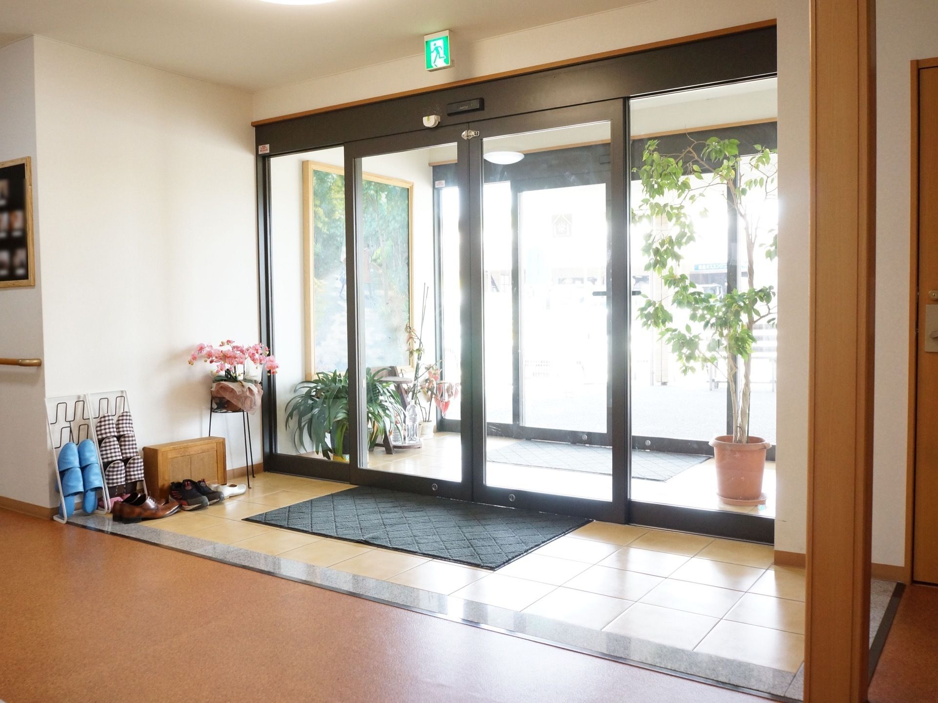 玄関は自動ドアが2重になっており、観葉植物が置かれている。段差がないため、車椅子での出入りも楽に行える。