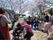 入居者様とスタッフとの花見会の風景。明るい日差しの中、満開の桜の花を見ながらレクリエーション活動を行っている。
