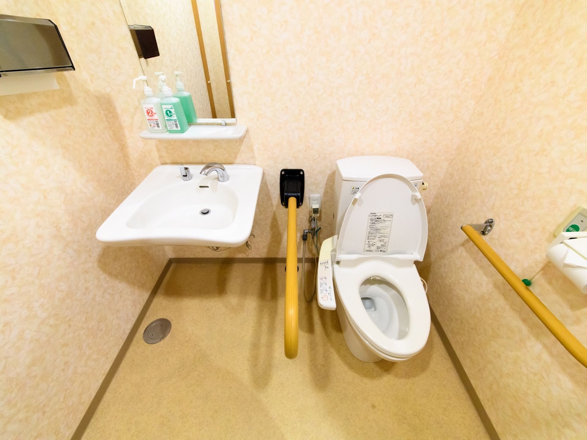 トイレと手洗い器が同じスペースに設置されている。便器の両側には手すりが取り付けられている。呼び出しボタンもある。