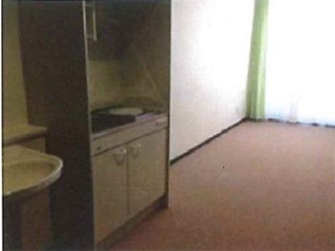 ミニキッチンのある居室。その手前には洗面台。奥は広くなっており、カーテンのある大きな窓があって明るい。