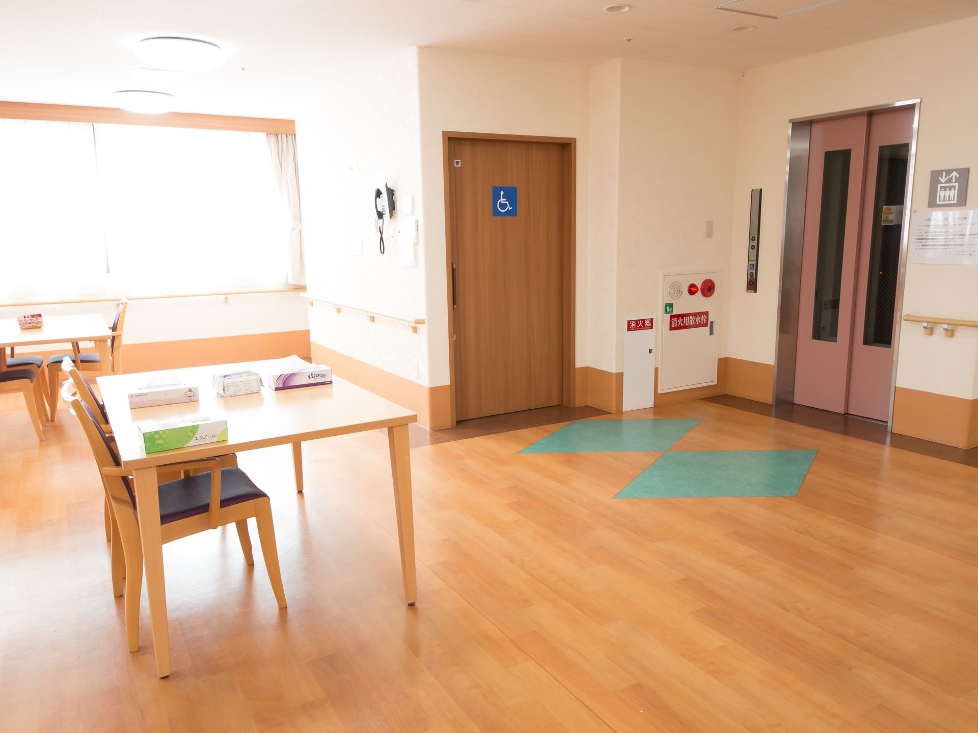 リビングと食堂を兼ねた部屋のすぐそばに、車椅子対応の共用トイレが設置されている。ドアには青いマークが表示されている。