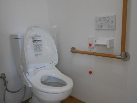 トイレには、洗浄機能付き便座が設置されている。側面の壁にはペーパーホルダーの横に非常用コールボタンが配備され、Ｌ字型の手すりが付いている。