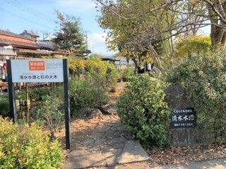植え込みで作られた、白い看板が立てられている施設入口