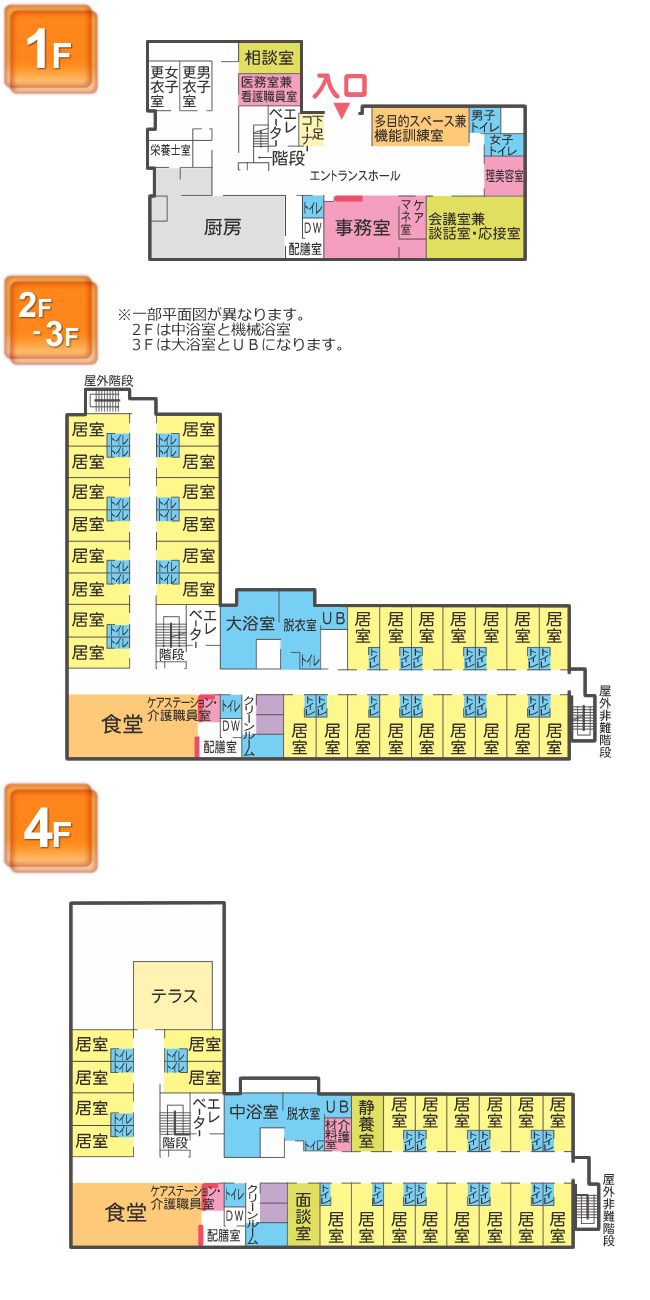 さわやかいなざわ館の1～4Ｆのフロアマップ