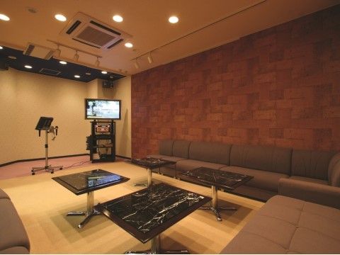 カラオケ用の画面が部屋の角に設置してある。歌唱スペースにマイクの台を置いている。大人数で座れるソファーで机を囲んでいる。