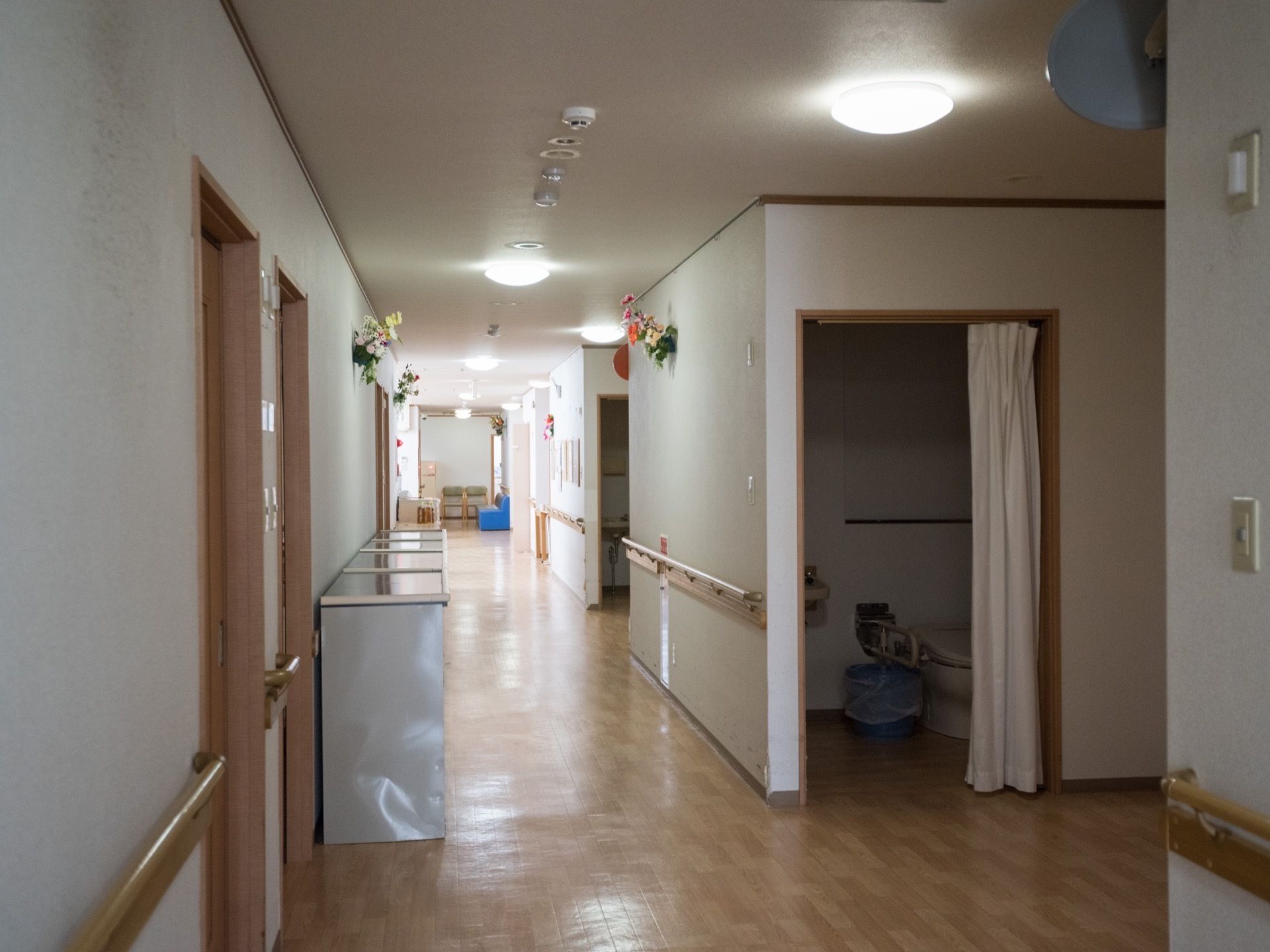通路の床はフローリングで、壁には手すりが設置されている。通路脇にトイレがあり、扉がなく、カーテンで仕切られている。