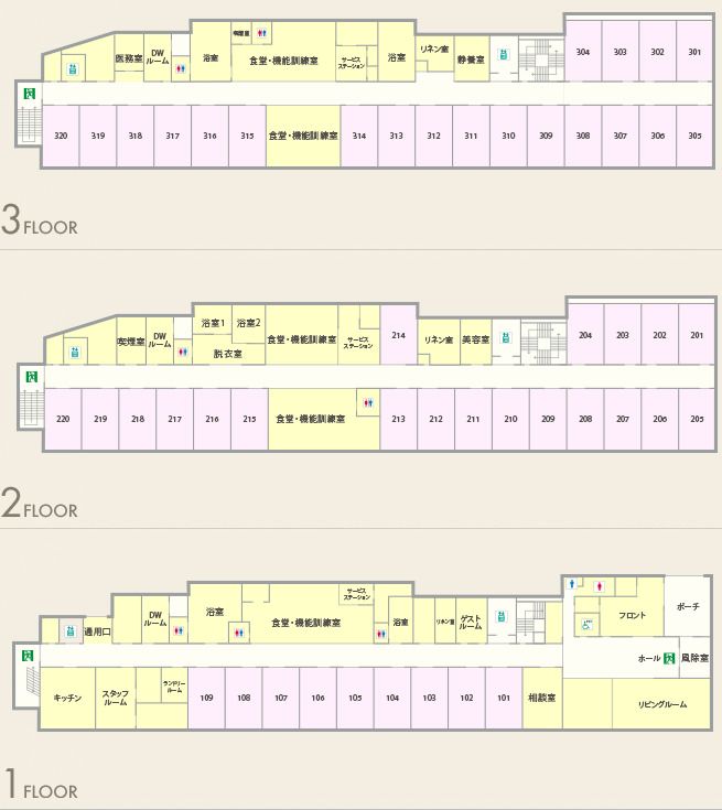 有料老人ホーム ペリデアネックスの1～3FLOORのフロアマップ