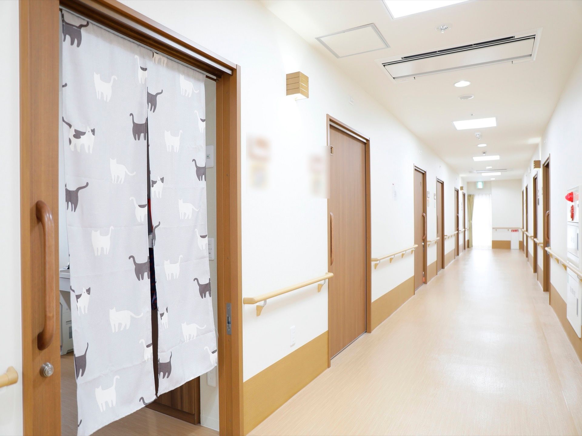 通路の両側には、居室の扉が並んでいる。左端の引き戸だけ開けてあり、可愛らしいネコが描かれたのれんが掛けてある。