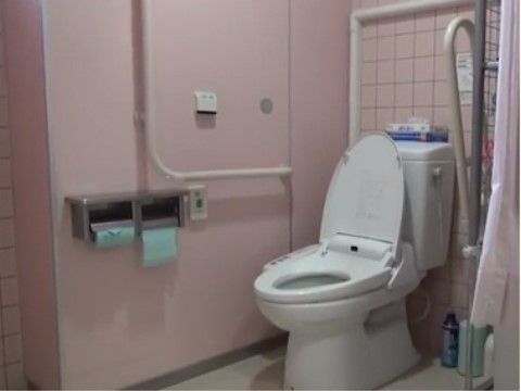 「花珠の家おおもり」のトイレ。可倒式の手すりを施している。