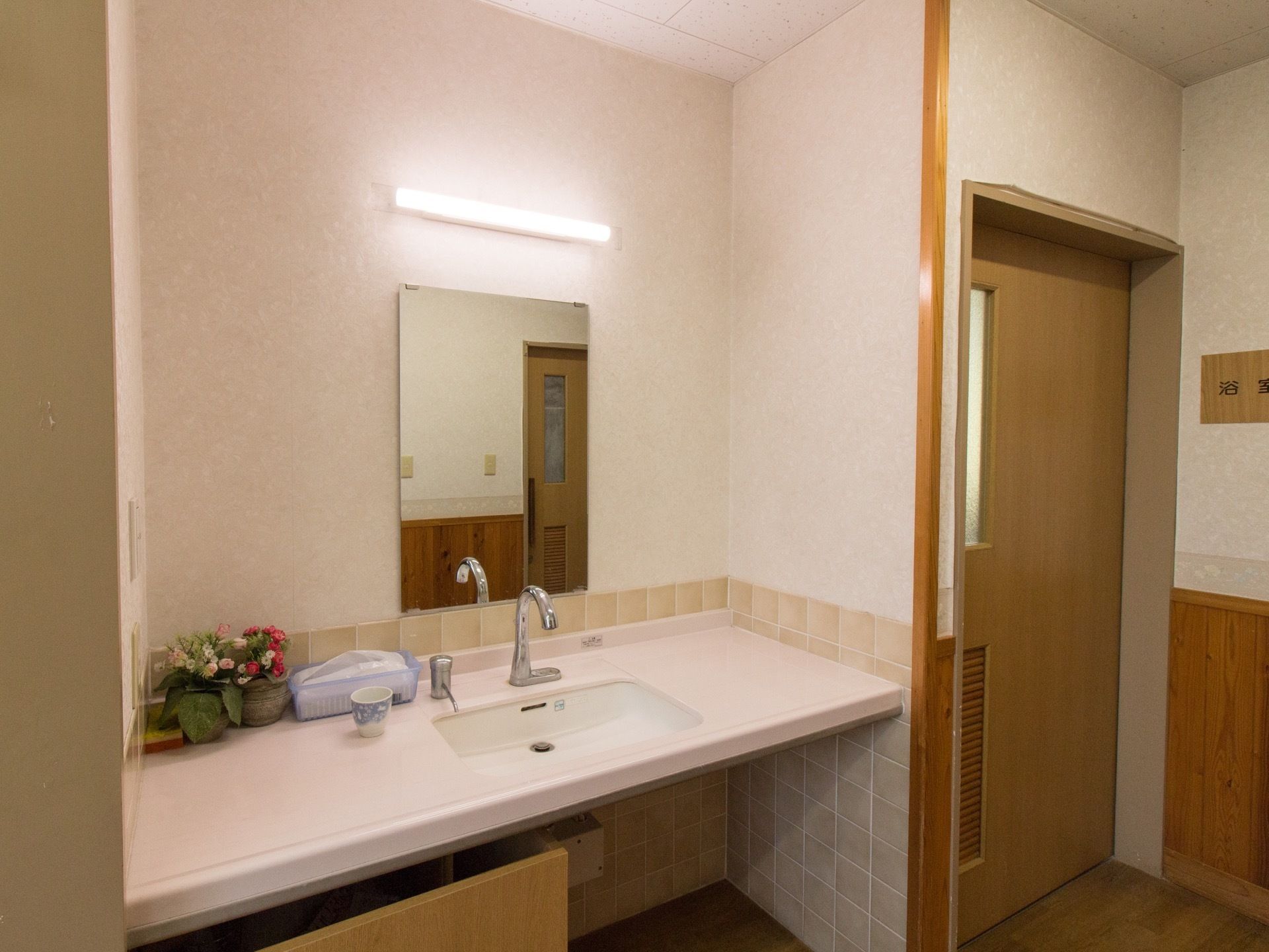 浴室の横に洗面台が設置されている。車椅子をご利用の方でも使いやすいよう、フットレスタイプとなっている。