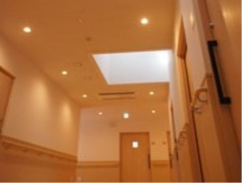 幅員の広い共用廊下である。天井の一定間隔にダウンライトが設置されており、暖色系で温かみのある空間となっている。