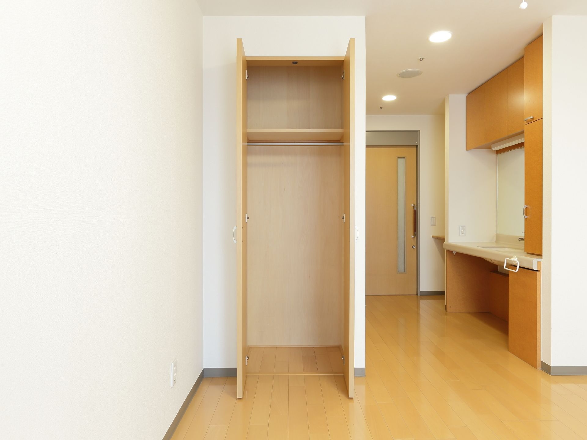 ワンルームの部屋には造りつけのクローゼット半間分、入り口入ってすぐに洗面所が設置されている。洗面台には収納棚が設置されている。