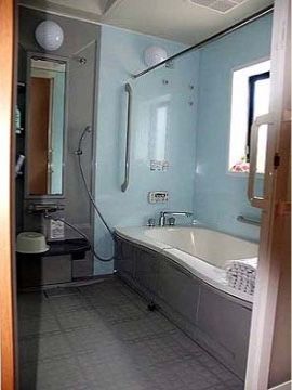 浴室側の壁は水色、洗い場側の壁はグレーという2色の壁の浴室である。シャワーとカランのある場所には大きな鏡がある。