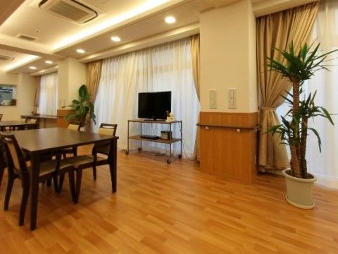 大きな観葉植物がいくつか設置されている、落ち着いた雰囲気のダイニング