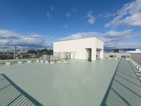広く開放的なスペースとなっている。地面の色は緑色で、背の高いフェンスが設置され安全に配慮されている。