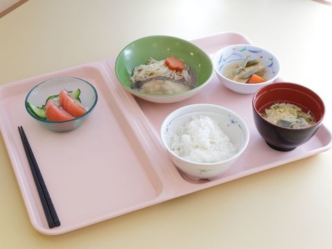 二つに仕切られたピンク色のお盆の上に配膳されている食事