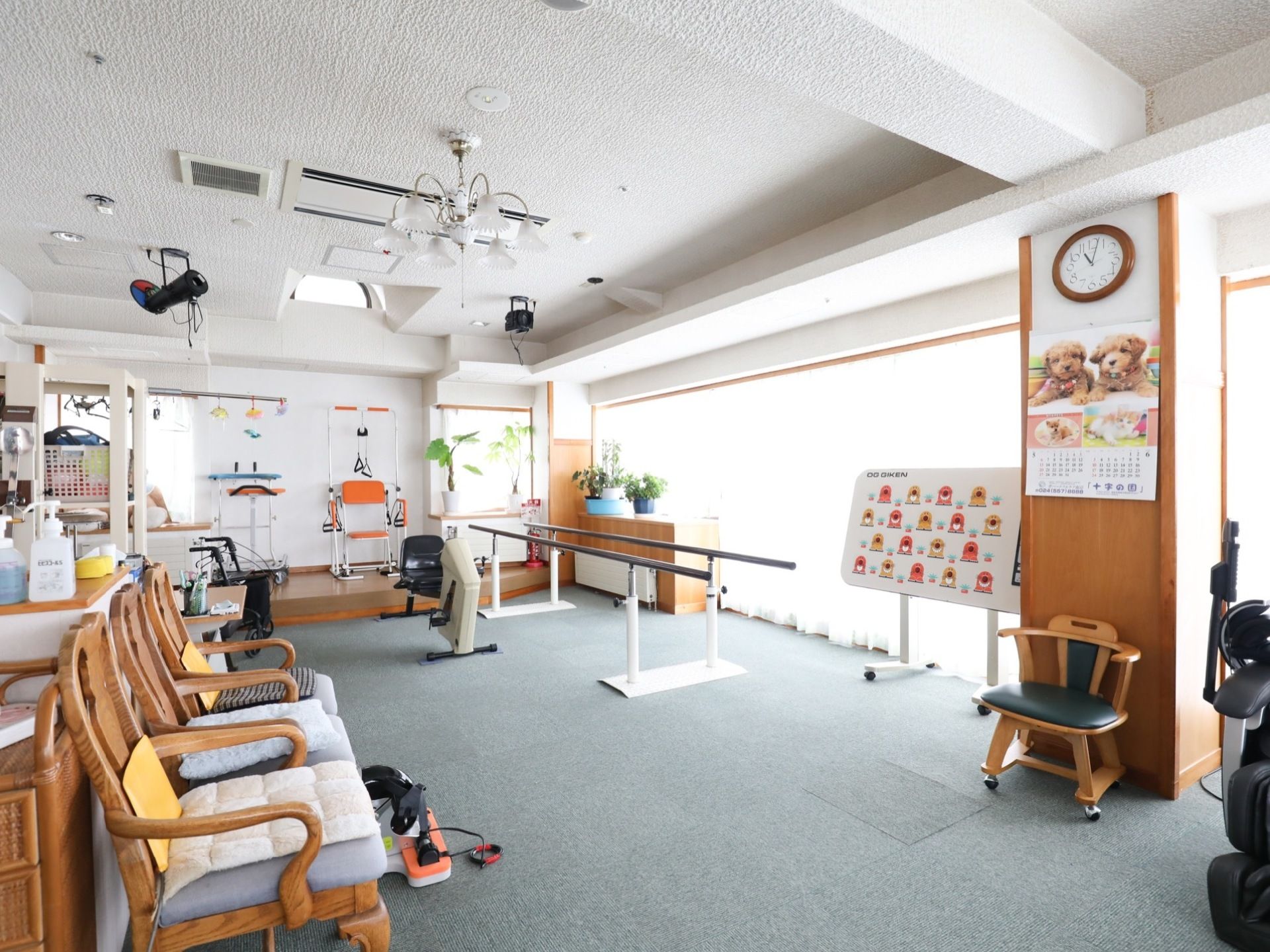 機能訓練室には窓があり、明るい環境になっている。窓際には観葉植物が置かれている。平行棒も設置されている。