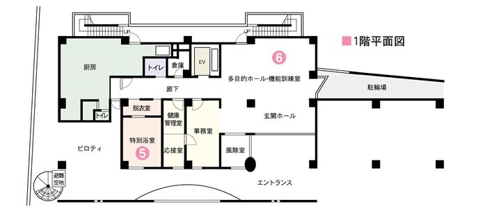 介護付有料老人ホーム メビウス大和郡山の1階のフロアマップ