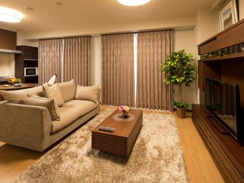 大きなソファーやテレビが設置された、ホテルのような室内