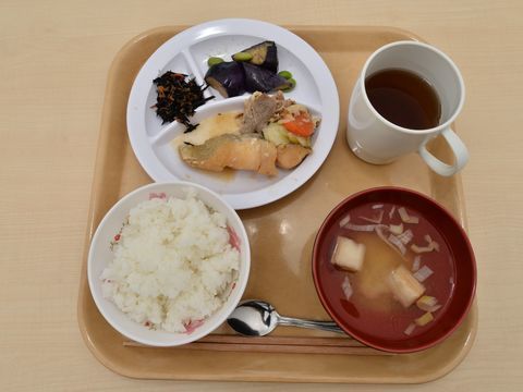白米や汁物、３種類のおかずが盛られたプレートとお茶が並べられているトレー